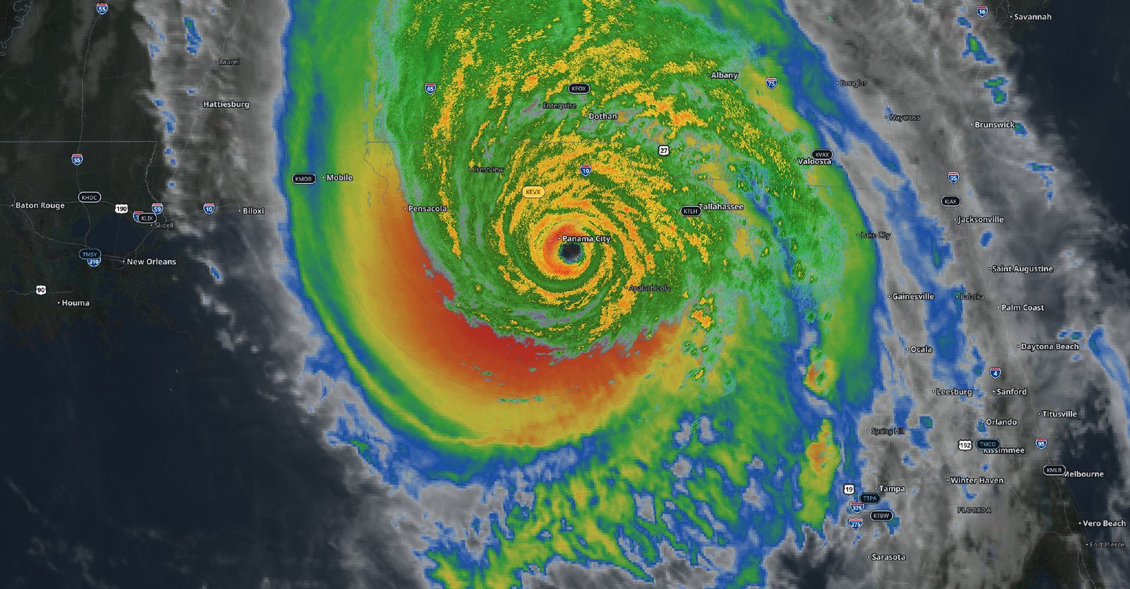 Hurricane Michael's eye at landfall near Panama City on KEVX reflectivity, over GOES infrared satellite imagery.