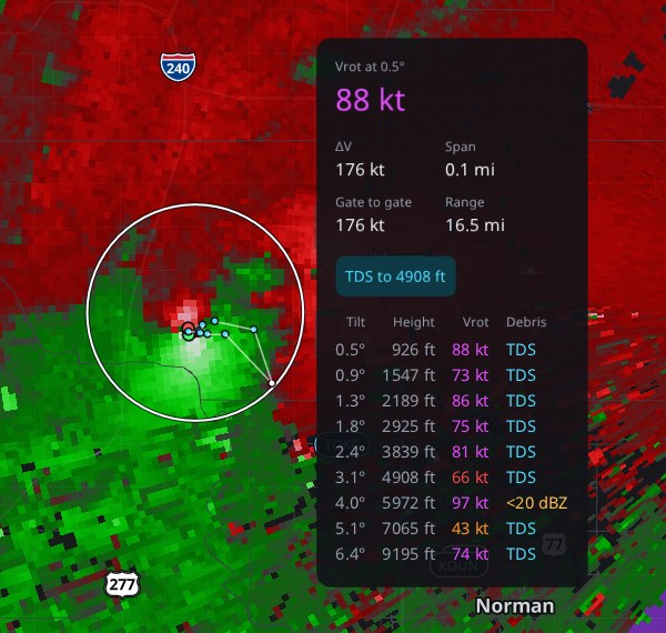 The rotation card on the Moore tornado's velocity couplet: Vrot 88 kt at 0.5 degrees, gate-to-gate 176 kt, a debris signature to 4,908 ft and each tilt's Vrot.